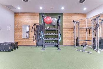 A gym with a green floor and wooden walls.